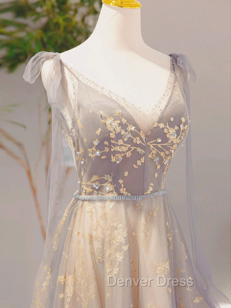 A-Line V Neck Gray Long Prom Dresses, Tulle Sequin Lace Long Forma Dresses