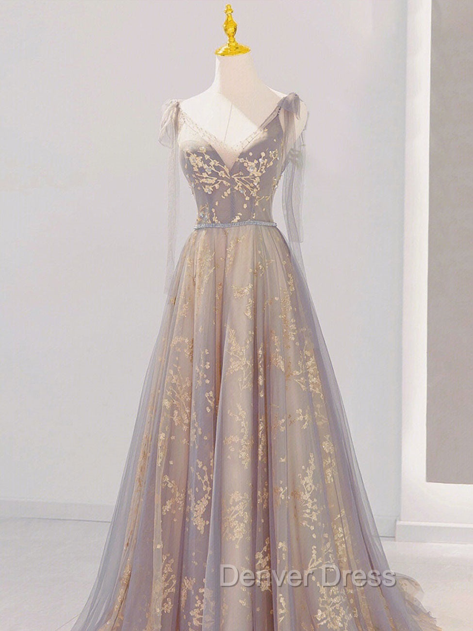 A-Line V Neck Gray Long Prom Dresses, Tulle Sequin Lace Long Forma Dresses