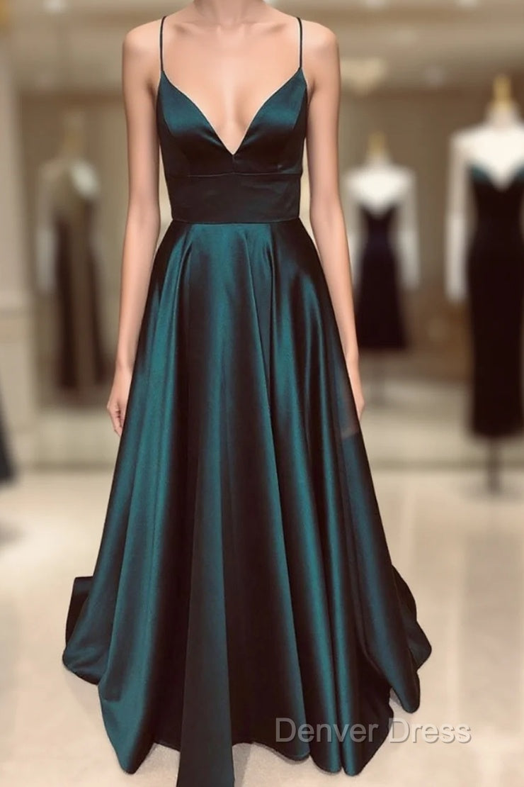 A Line V Neck Green/Blue Backless Long Prom Dresses, V Neck Backless Green/Blue Formal Graduation Evening Dresses Main image