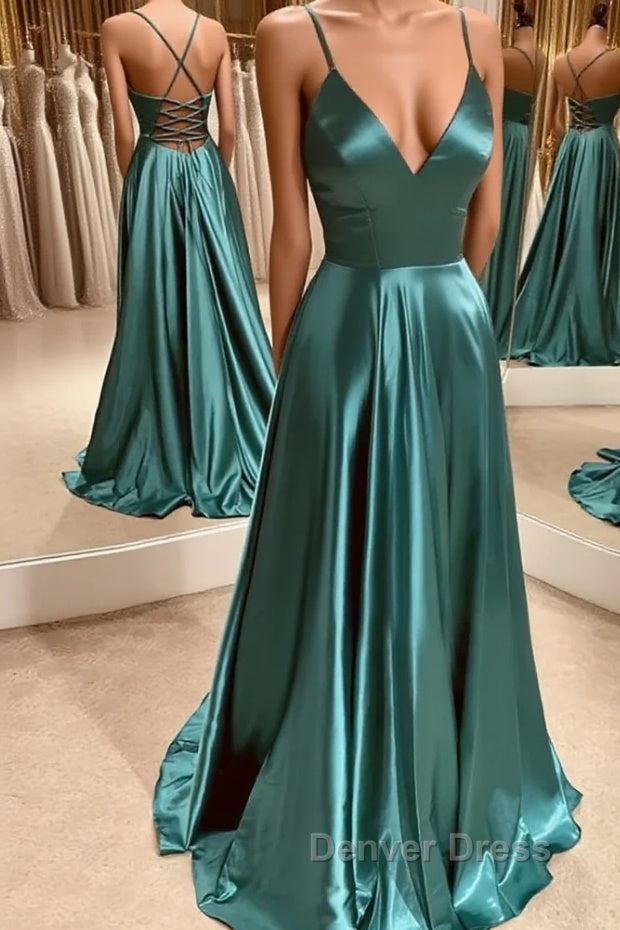 A Line V Neck Green Satin Long Prom Dress, Backless Green Long Prom Dresses