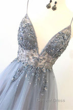 A Line V Neck Grey Beaded Long Prom Dress with Split, Grey Beaded Prom Graduation Prom Dresses