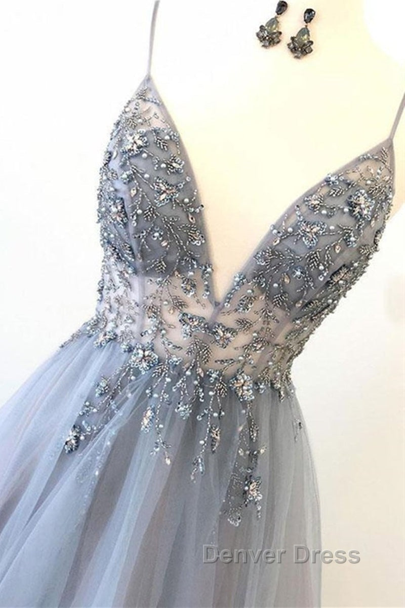 A Line V Neck Grey Beaded Long Prom Dress with Split, Grey Beaded Prom Graduation Prom Dresses