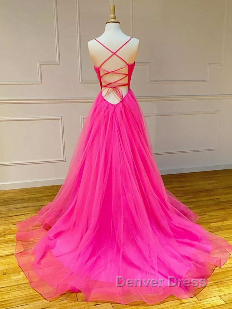 A Line V Neck Hot Pink Long Prom Dress, V Neck Hot Pink Long Prom Dresses