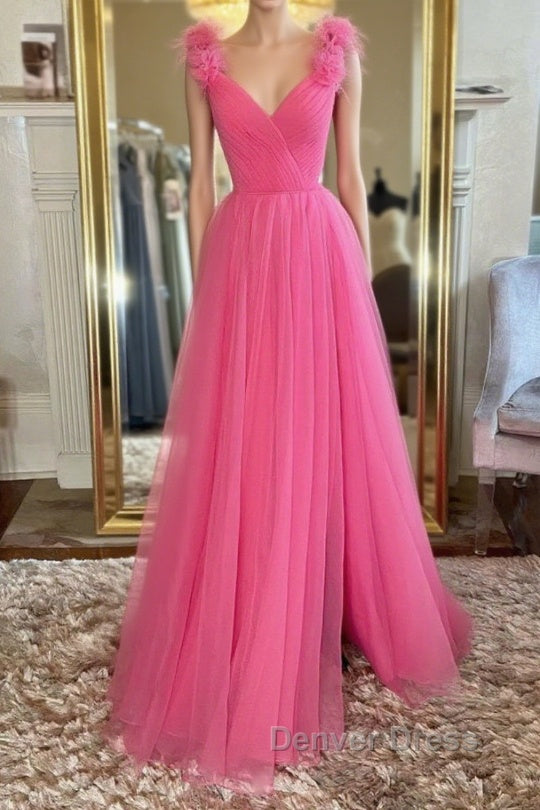 A Line V Neck Hot Pink Tulle Long Prom Dress with Slit, Hot Pink Prom Graduation Prom Dresses Main image