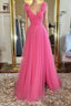 A Line V Neck Hot Pink Tulle Long Prom Dress with Slit, Hot Pink Prom Graduation Prom Dresses
