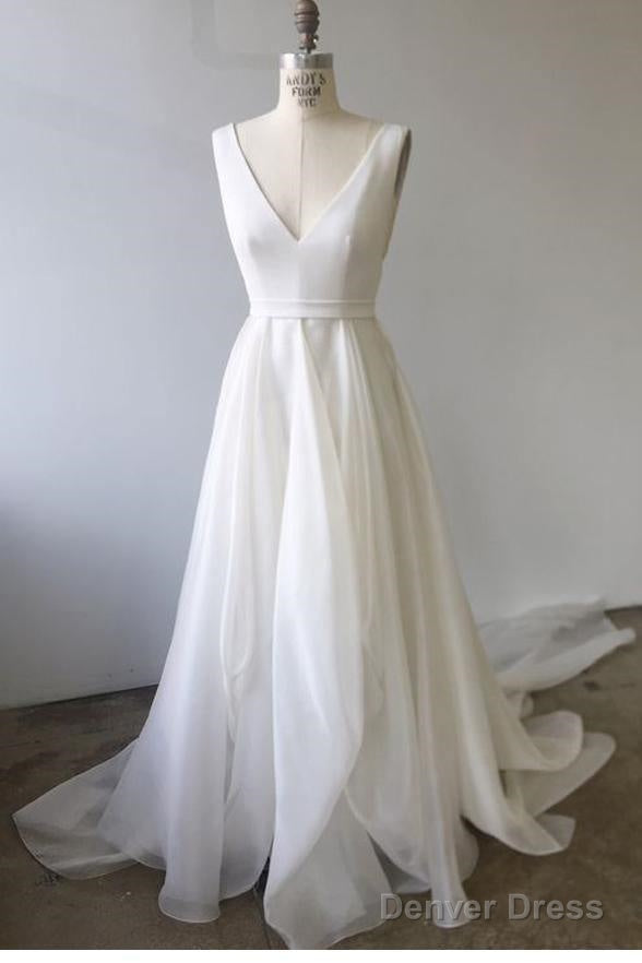 A-Line V Neck Ivory Prom Dresses Wedding Dresses With Court Train Main image