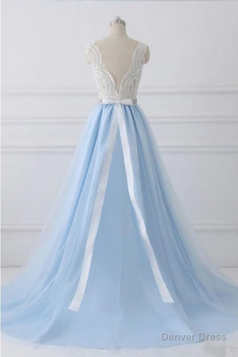 A Line V-neck Lace Appliques Bodice Long Prom Dresses,Elegant Prom Dress with Beads Secondary image