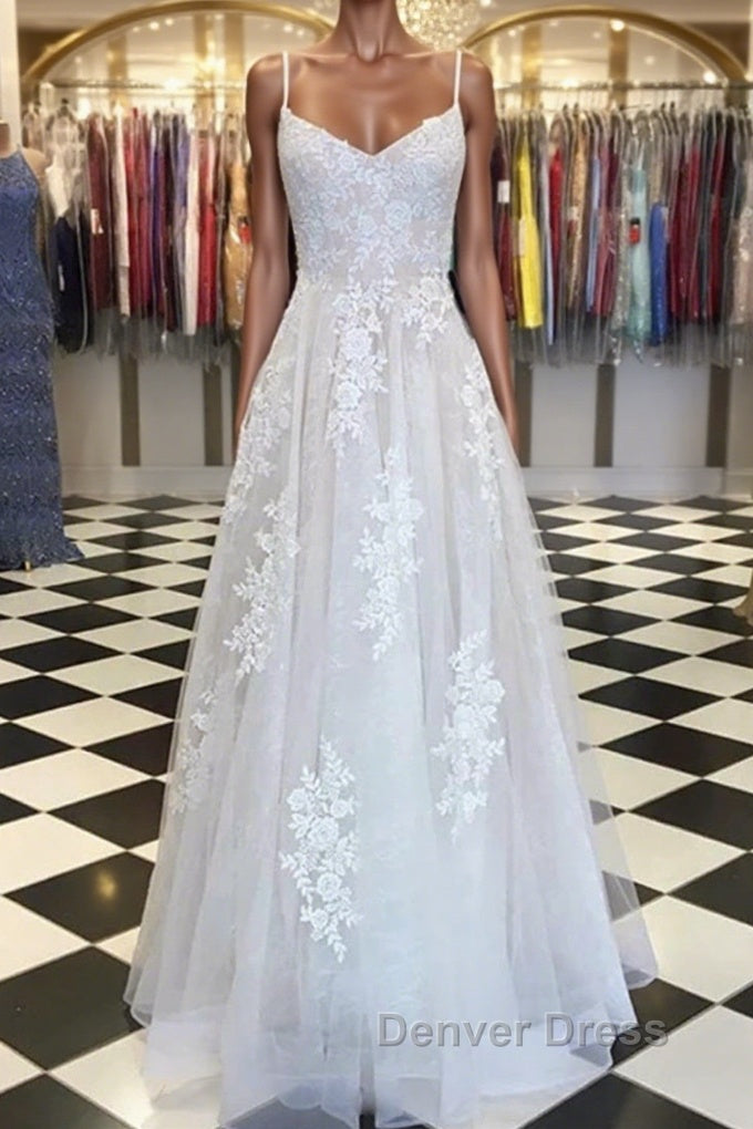 A Line V Neck Lace Appliques White Prom Dresses Wedding Dresses, White Lace Formal Dresses, White Evening Dresses