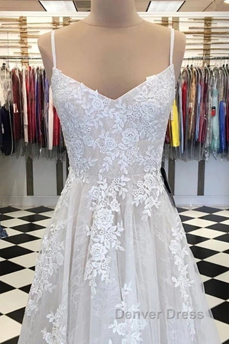A Line V Neck Lace Appliques White Prom Dresses Wedding Dresses, White Lace Formal Dresses, White Evening Dresses