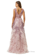 A Line V Neck Lace Beaded Applique Floor Length Sleeveless Prom Dresses