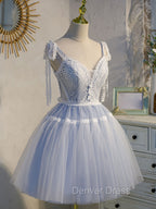 A Line V Neck Lace Blue Short Prom Dress, Blue Puffy Homecoming Dresses