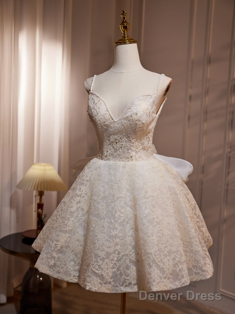 A Line V Neck Lace Champagne Short Prom Dress, Champagne Homecoming Dresses