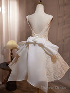 A Line V Neck Lace Champagne Short Prom Dress, Champagne Homecoming Dresses