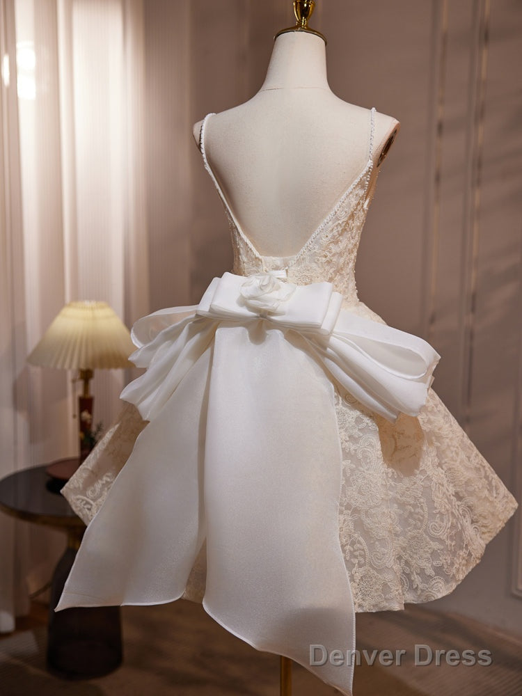 A Line V Neck Lace Champagne Short Prom Dress, Champagne Homecoming Dresses