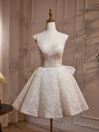 A Line V Neck Lace Champagne Short Prom Dress, Champagne Homecoming Dresses