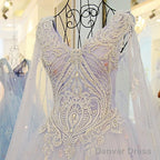 A Line V Neck Lace Crystal Beaded White/ Light Blue Wedding Dresses Floor Length