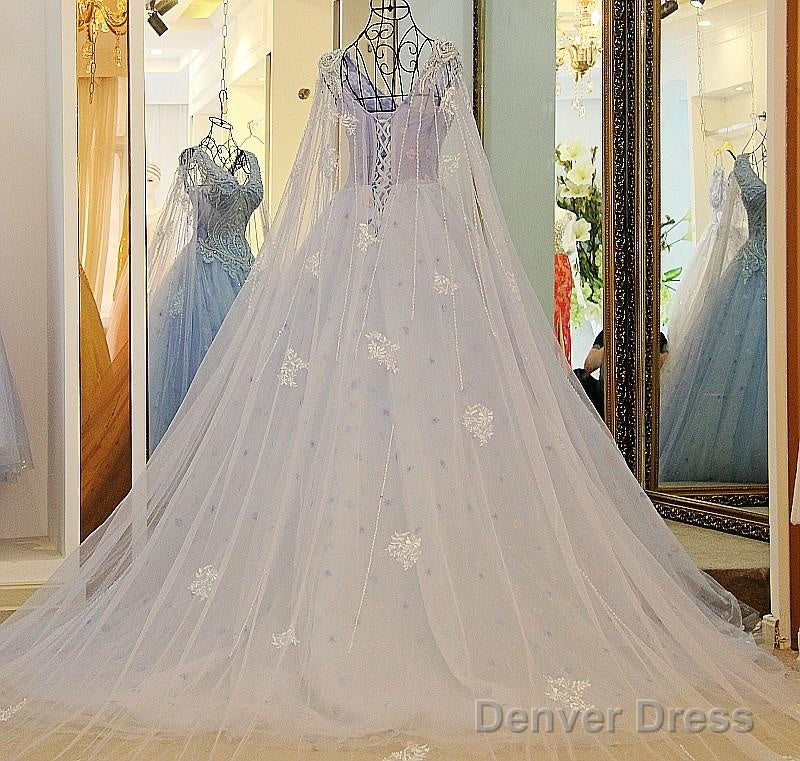 A Line V Neck Lace Crystal Beaded White Light Blue Wedding Dresses Floor Length