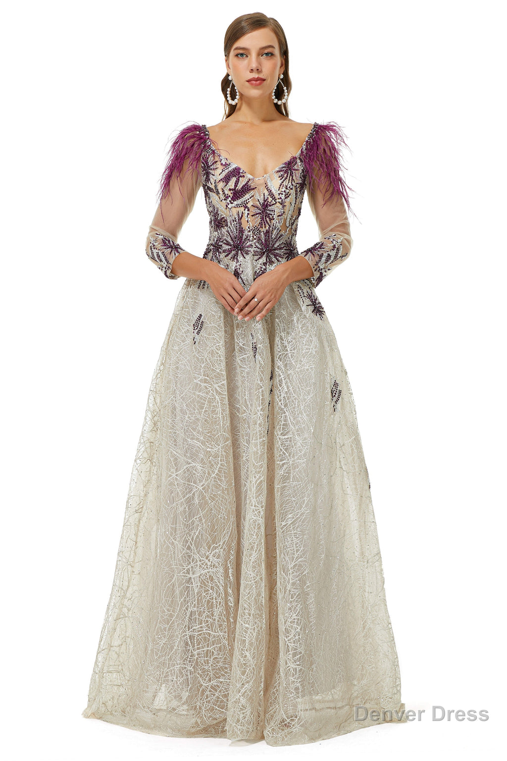 A Line V Neck Lace Floor Length Long Sleeve Open Back Beading Prom Dresses