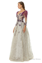 A-Line V-Neck Lace Floor-Length Long Sleeve Open Back Beading Prom Dresses