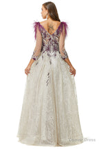 A Line V Neck Lace Floor Length Long Sleeve Open Back Beading Prom Dresses