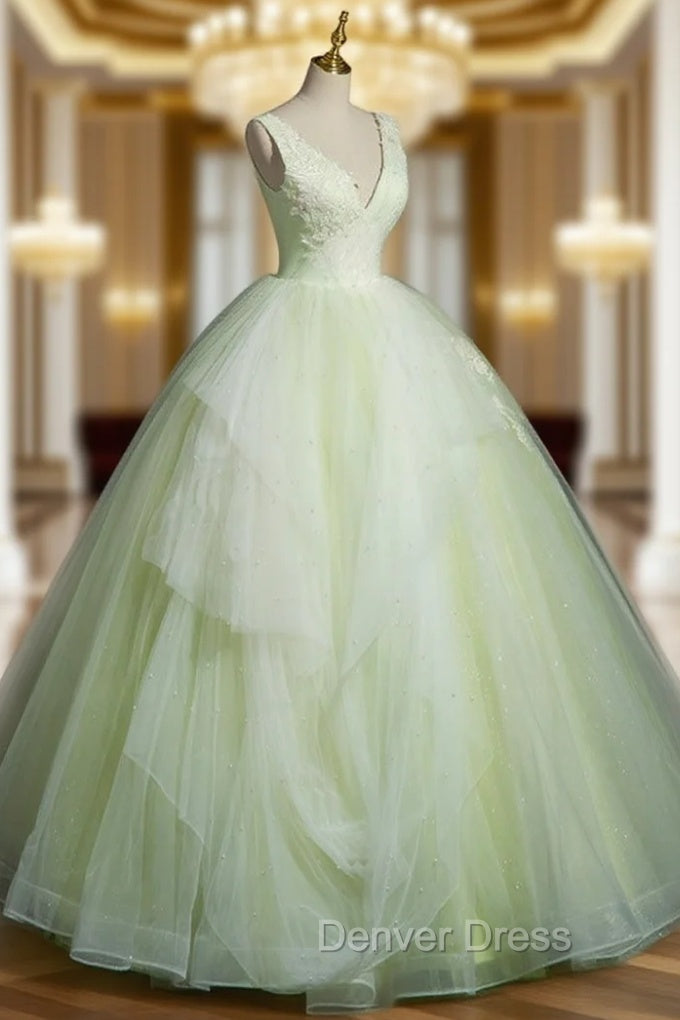 A-Line V Neck Lace Tulle Green Long Prom Dresses, Green Sweet 16 Dresses Main image