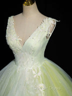 A Line V Neck Lace Tulle Green Long Prom Dress, Green Sweet 16 Dresses