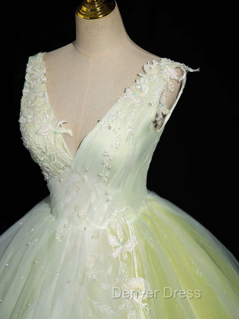 A Line V Neck Lace Tulle Green Long Prom Dress, Green Sweet 16 Dresses