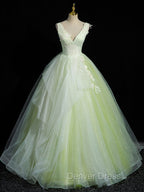 A-Line V Neck Lace Tulle Green Long Prom Dresses, Green Sweet 16 Dresses