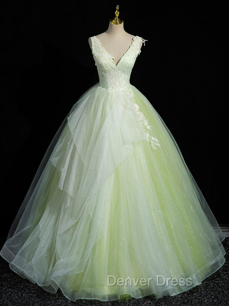 A-Line V Neck Lace Tulle Green Long Prom Dresses, Green Sweet 16 Dresses