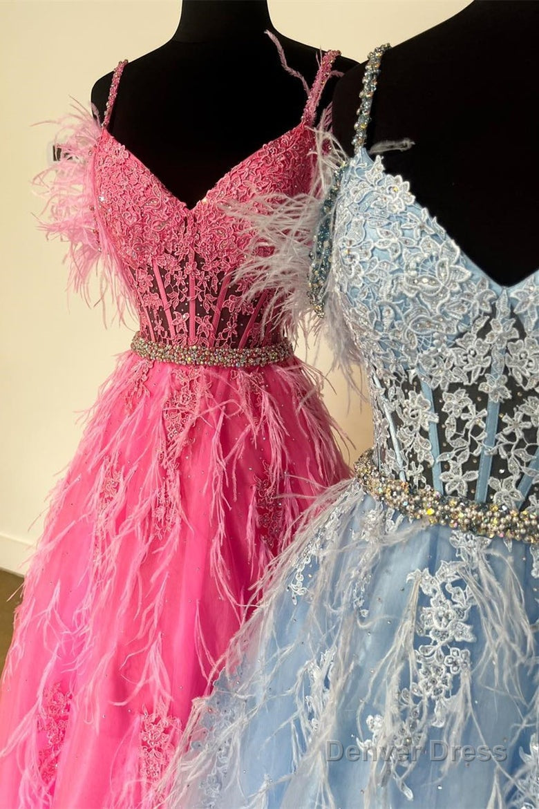 A line V Neck Lace Tulle Prom Dress with Beading and Feather