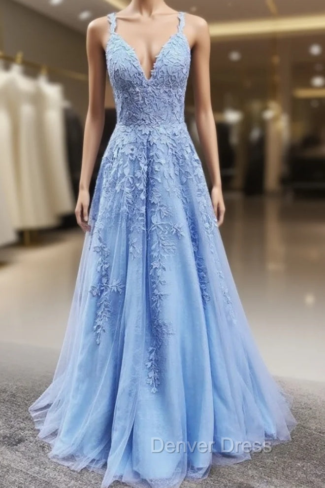 A Line V Neck Light Blue Lace Prom Dresses, V Neck Light Blue Lace Formal Evening Dresses Main image