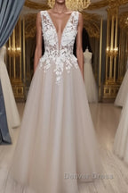 A Line V Neck Long Champagne Lace Wedding Dresses, Champagne Lace Long Formal Prom Dresses