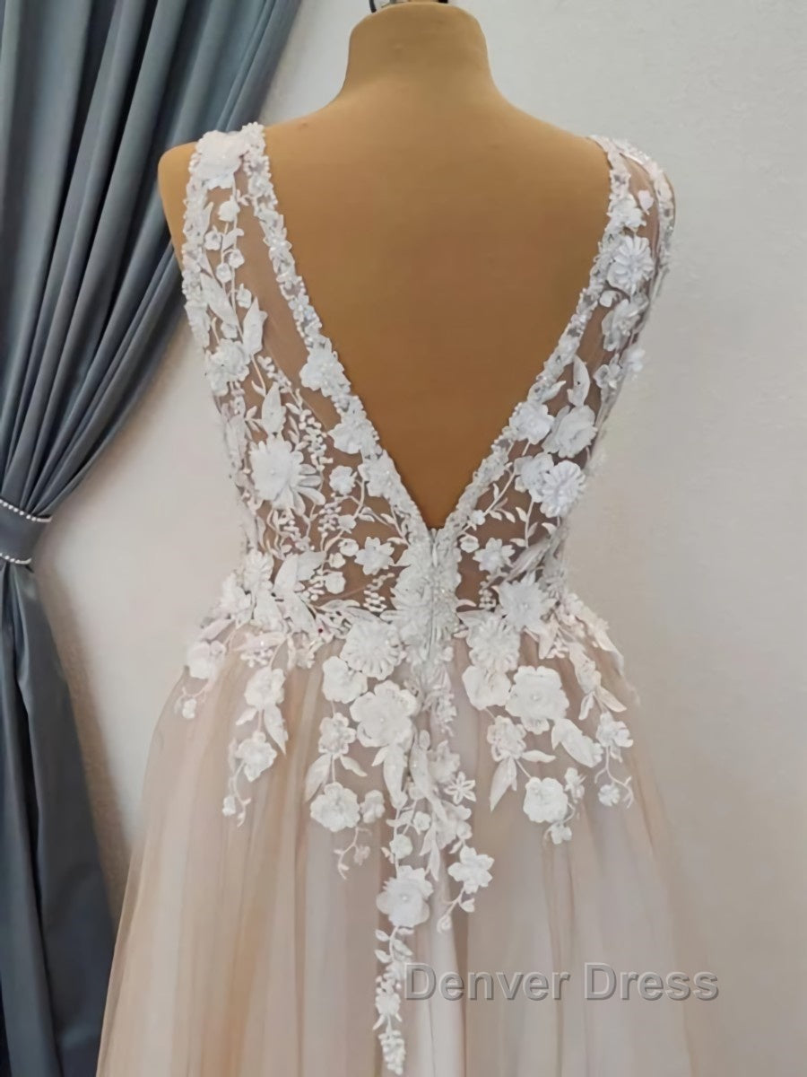 A Line V Neck Long Champagne Lace Wedding Dresses, Champagne Lace Long Formal Prom Dresses Secondary image