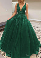 A Line V Neck Long Floor Length Lace Tulle Prom Dresses With Appliqued