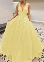 A-line V Neck Long/Floor-Length Lace Tulle Prom Dresses With Appliqued