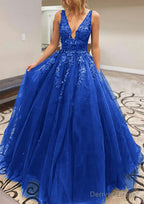 A Line V Neck Long Floor Length Lace Tulle Prom Dresses With Appliqued