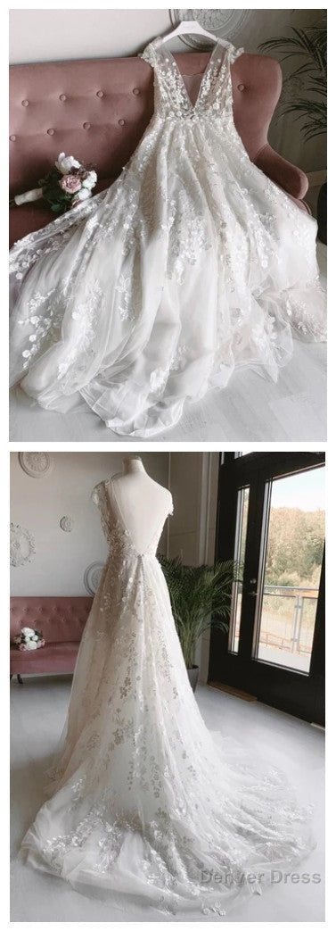 A-Line V-Neck Long Prom Dress With Appliques, Backless Beach Wedding Dresses Main image