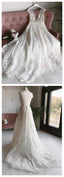 A-Line V-Neck Long Prom Dress With Appliques, Backless Beach Wedding Dresses