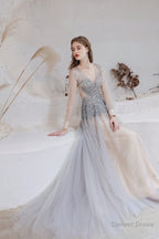 A Line V Neck Long Sleeve Beading Tulle Court Train Prom Dresses