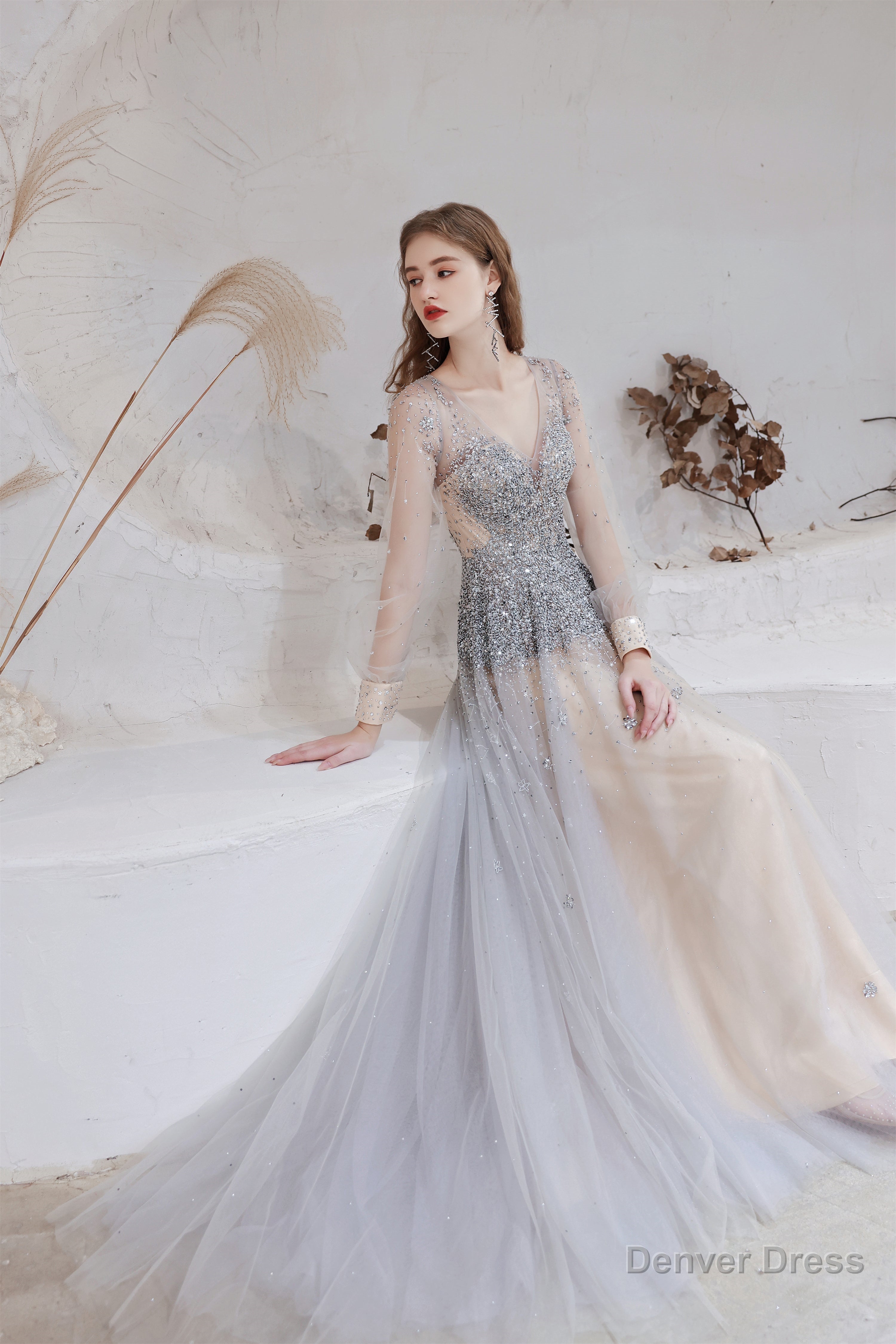 A Line V Neck Long Sleeve Beading Tulle Court Train Prom Dresses