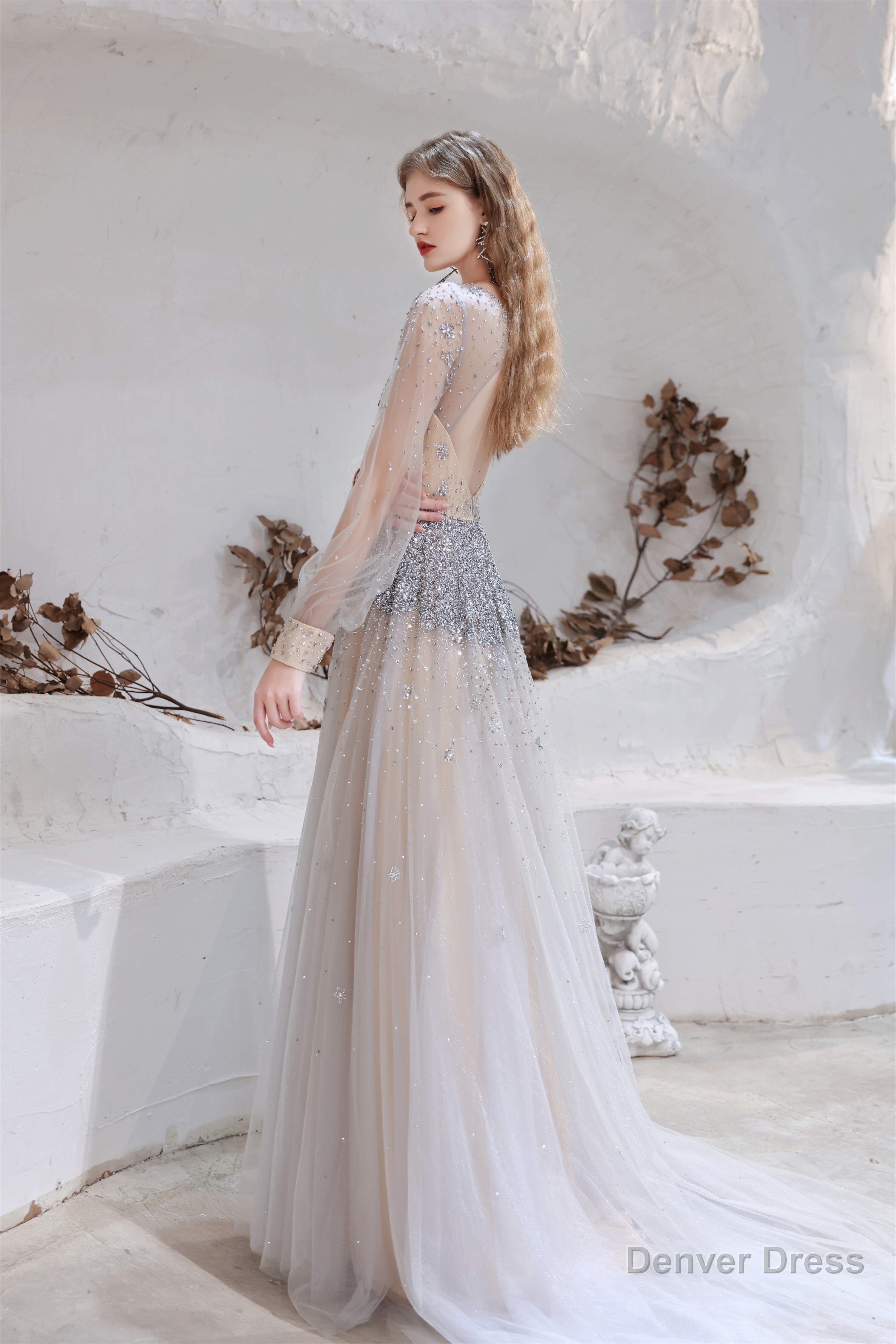 A Line V Neck Long Sleeve Beading Tulle Court Train Prom Dresses