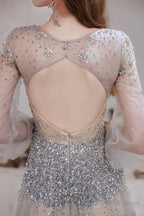 A Line V Neck Long Sleeve Beading Tulle Court Train Prom Dresses