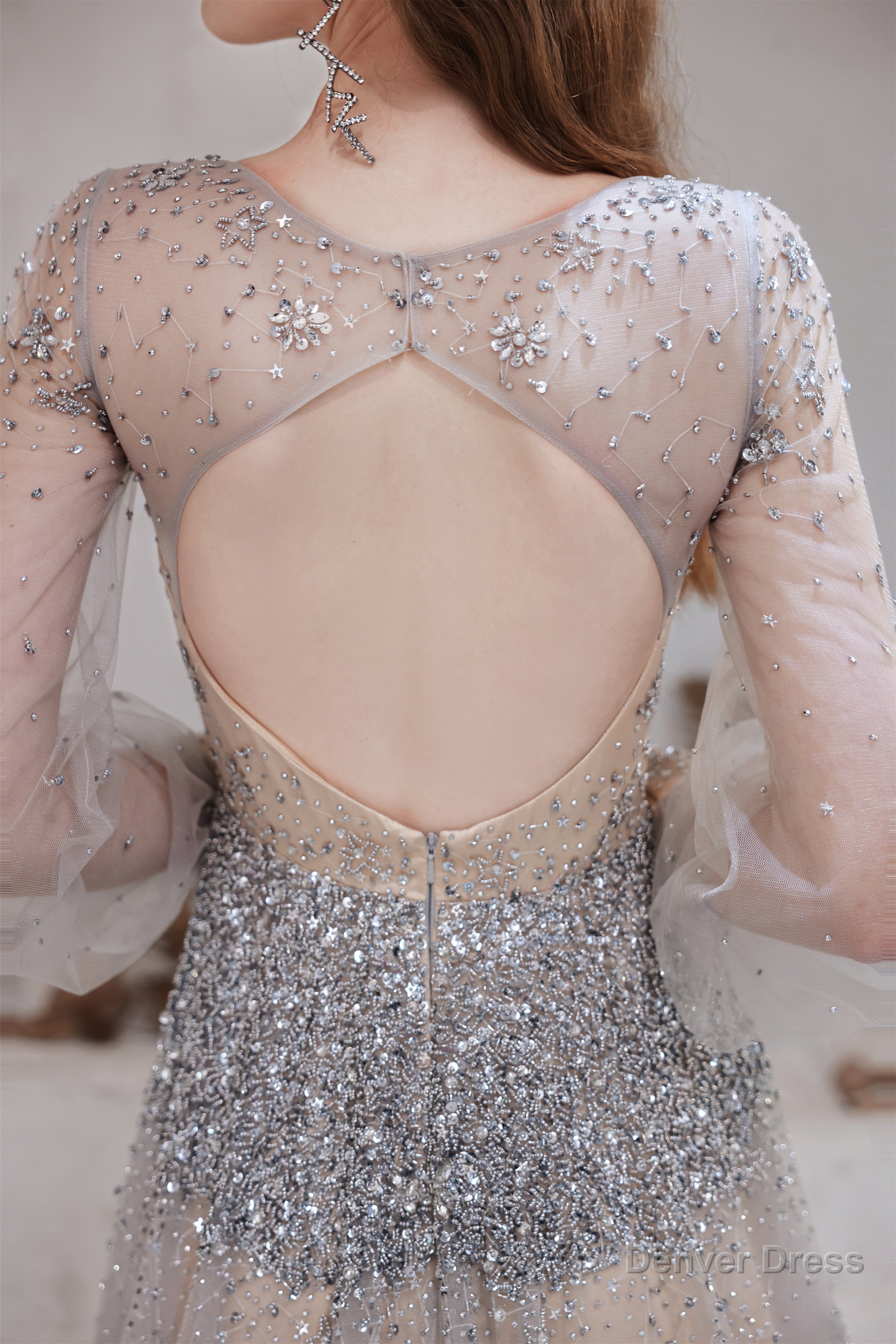 A Line V Neck Long Sleeve Beading Tulle Court Train Prom Dresses