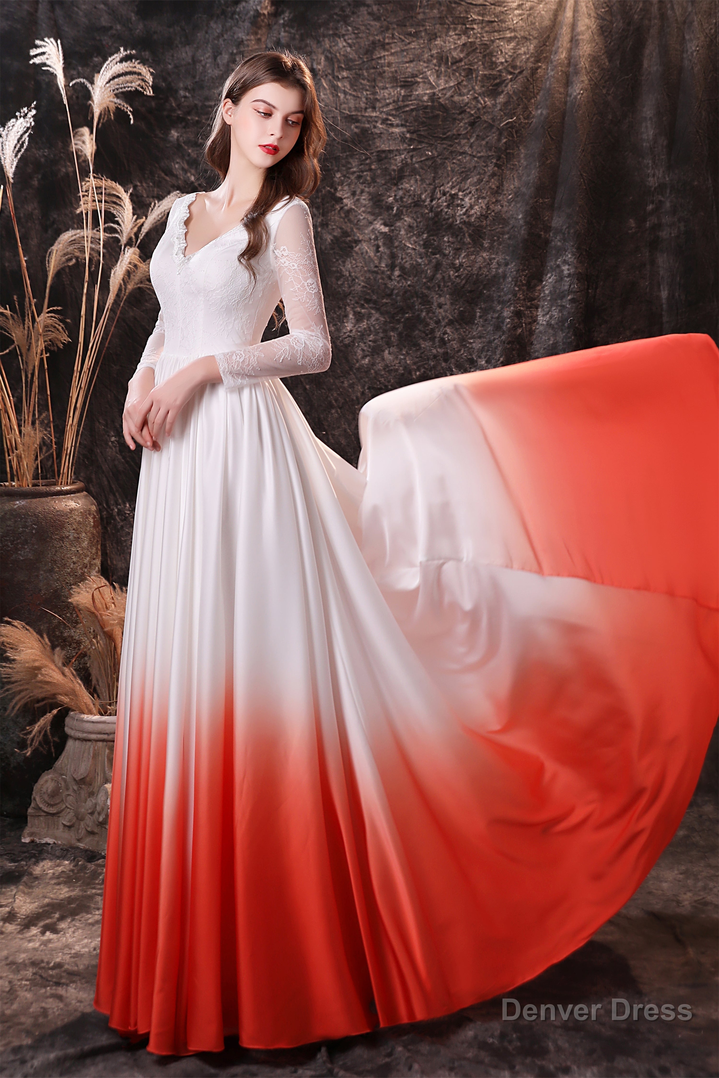 A Line V Neck Long Sleeve Ombre Silk Like Satin Sweep Train Prom Dresses