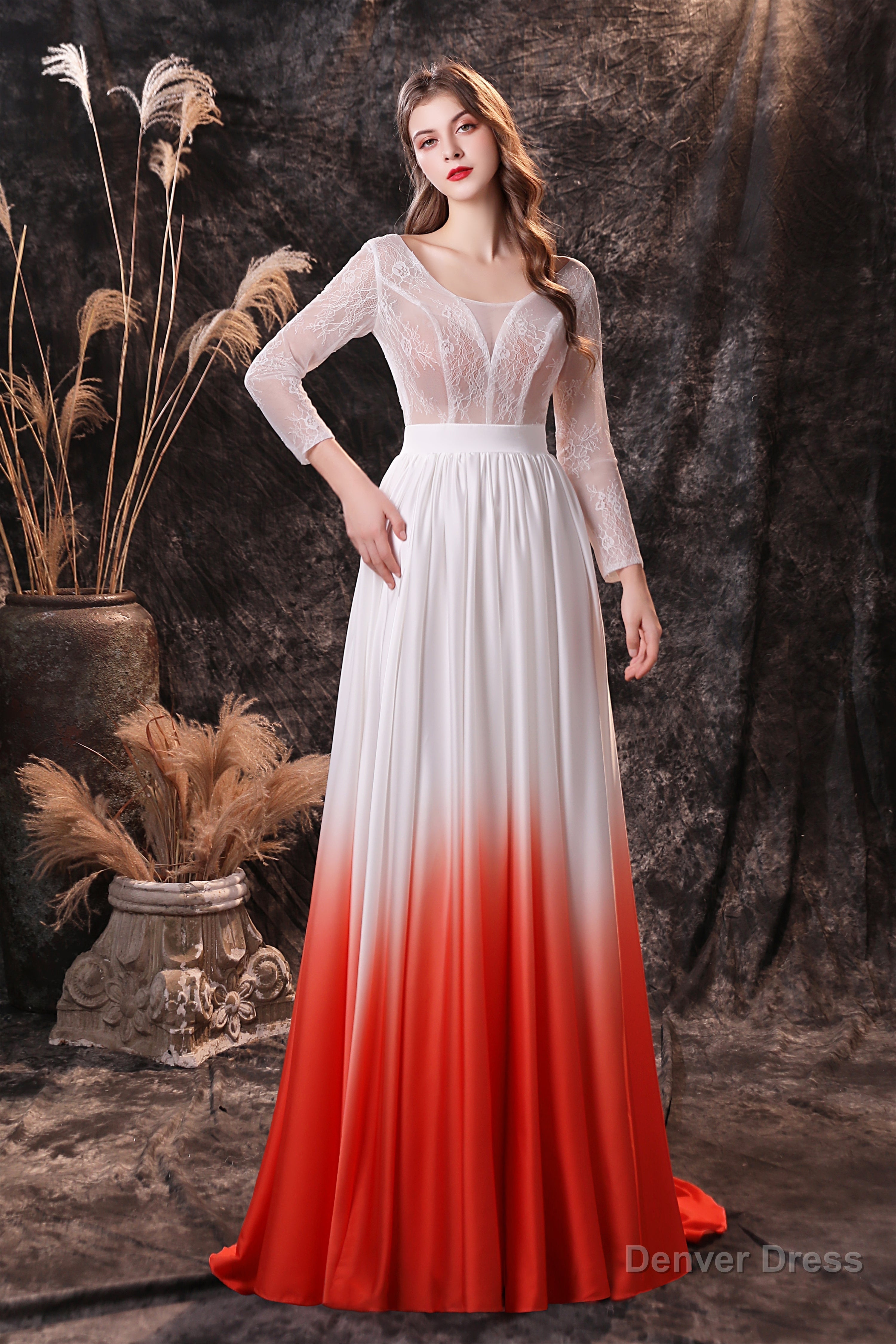 A Line V Neck Long Sleeve Ombre Silk Like Satin Sweep Train Prom Dresses Main image
