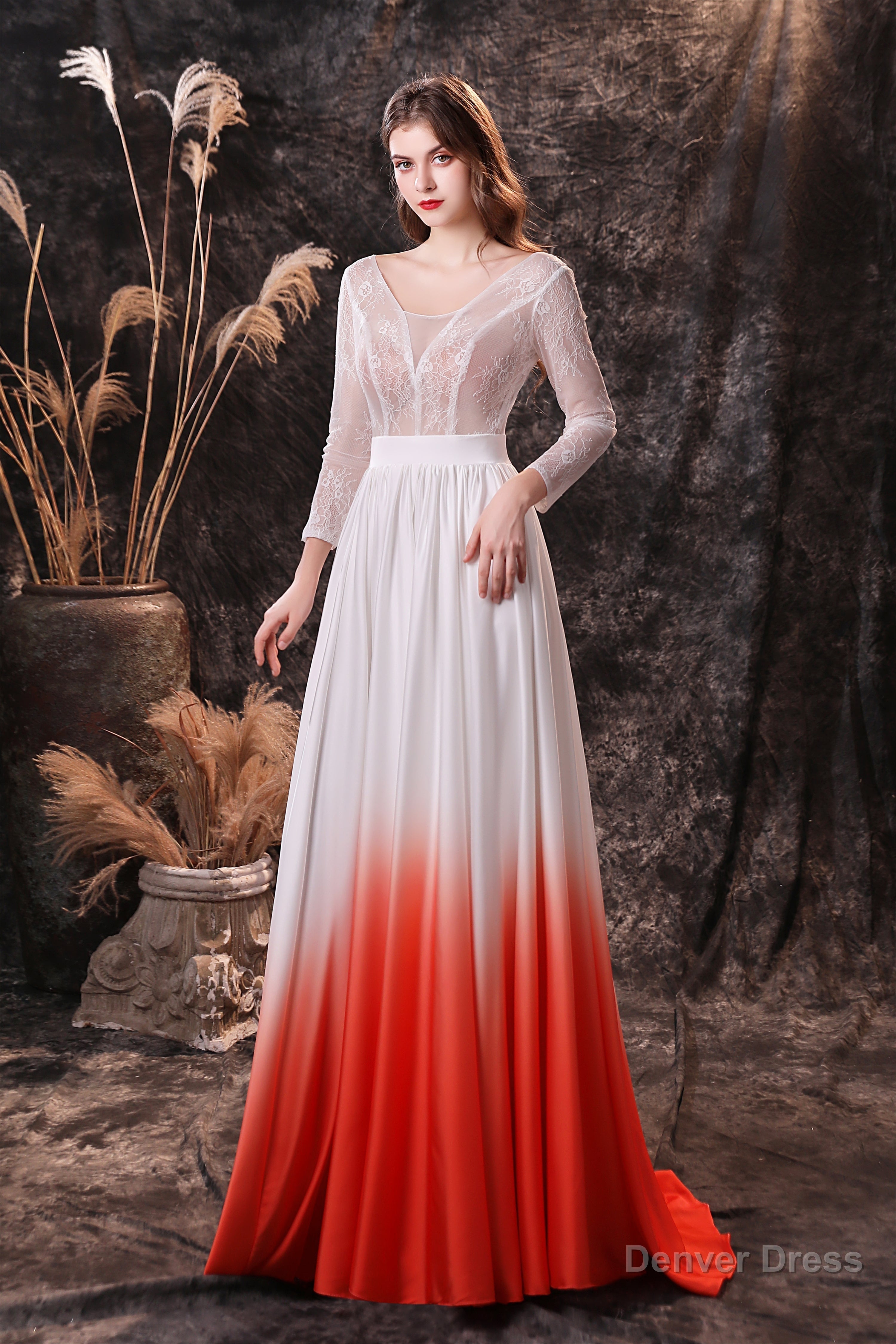 A Line V Neck Long Sleeve Ombre Silk Like Satin Sweep Train Prom Dresses