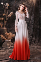 A Line V Neck Long Sleeve Ombre Silk Like Satin Sweep Train Prom Dresses