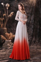A Line V Neck Long Sleeve Ombre Silk Like Satin Sweep Train Prom Dresses