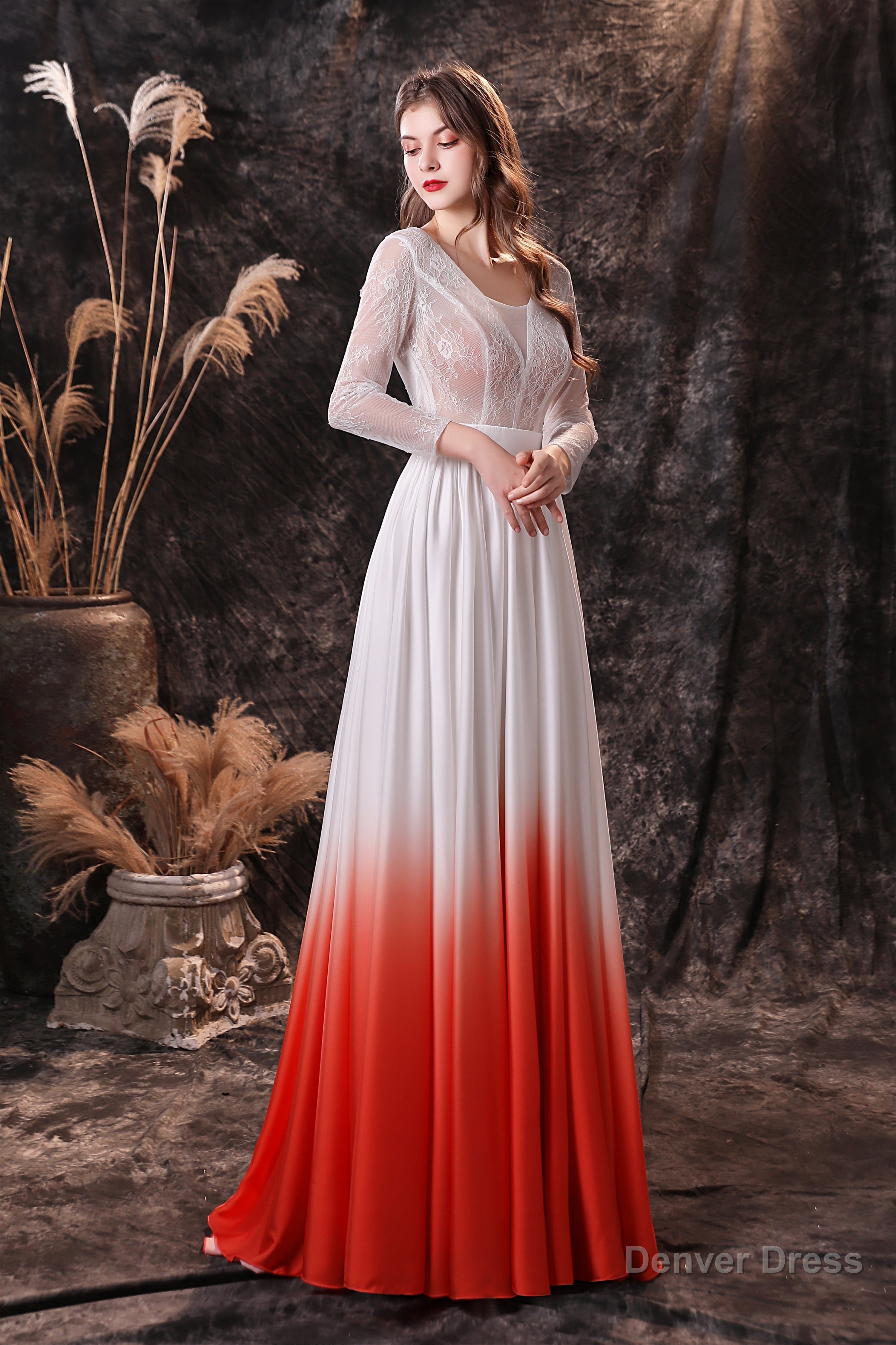 A Line V Neck Long Sleeve Ombre Silk Like Satin Sweep Train Prom Dresses