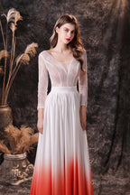 A Line V Neck Long Sleeve Ombre Silk Like Satin Sweep Train Prom Dresses